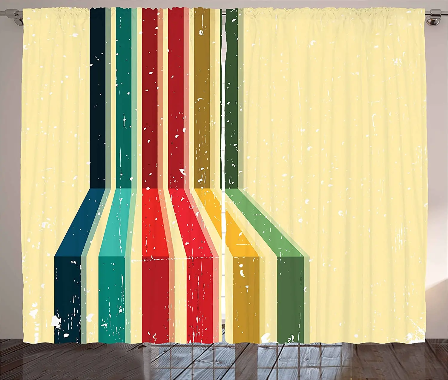 Vintage Rainbow Blackout Curtains Vertical Colored Stripes with Grunge Effect on a Pale Yellow Background Window Curtain