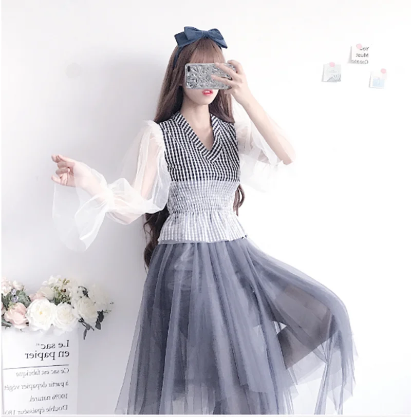 Mesh stitching puff-sleeved V-neck baby shirt long-sleeved shirt Puff skirt suit victorian dress kawaii girl gothic lolita girl