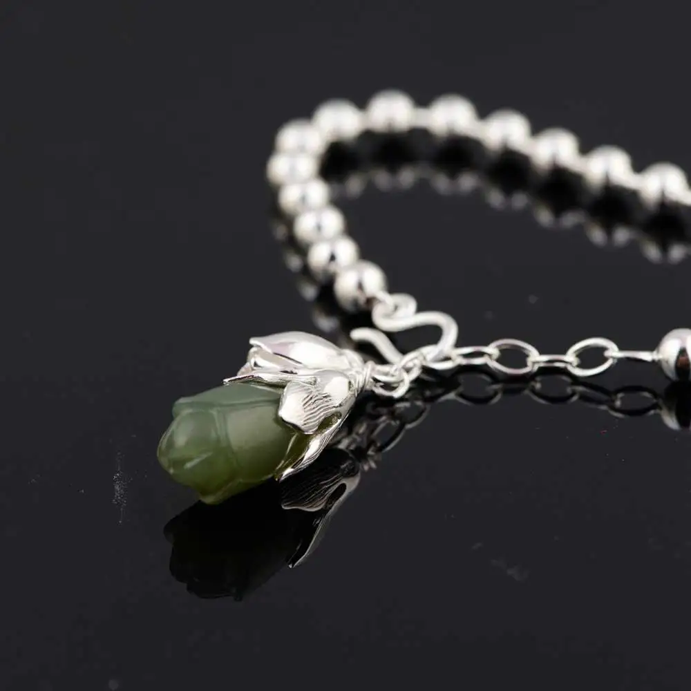 

FNJ 925 Silver Bracelet for Women Jewelry 17cm Ball Chain Original S925 Sterling silver Bracelets Natural Hetian Jade Flower