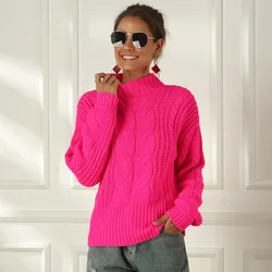 Neon Pullover Frauen Gestrickte Fuchsia Rosa Solide Halb Rollkragen Pullover Lange Casual Lose Stricken Shirts Weibliche Jumper