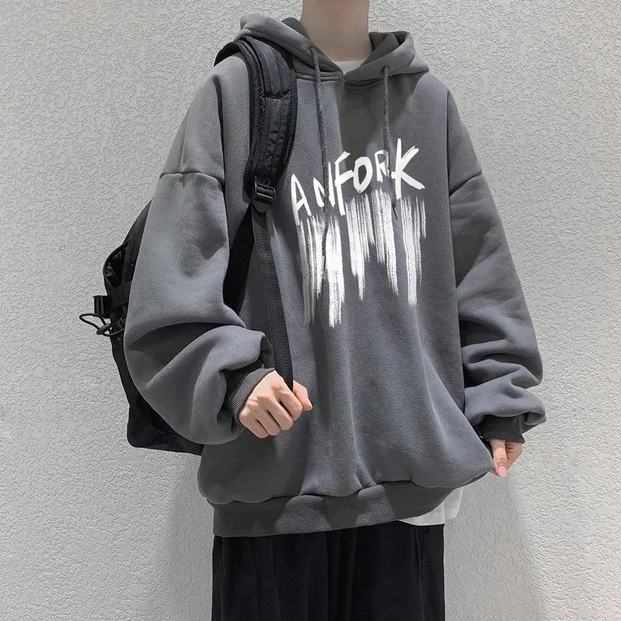 Gray Loose Mens Hoodies Korean Hip Hop Autumn Letter Clothes Sweatshirt Casual Rock Hoodie Plus Size Clothes Males Japan Hooddie