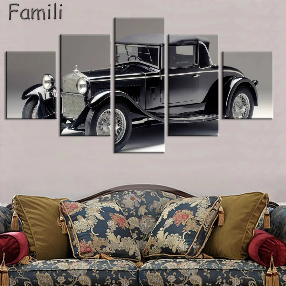 

Набор из 5 панелей, Художественная печать в стиле ретро, автомобиль, картина с пейзажем, настенное украшение для дома, гостиной, печать на холсте, произведение искусства
