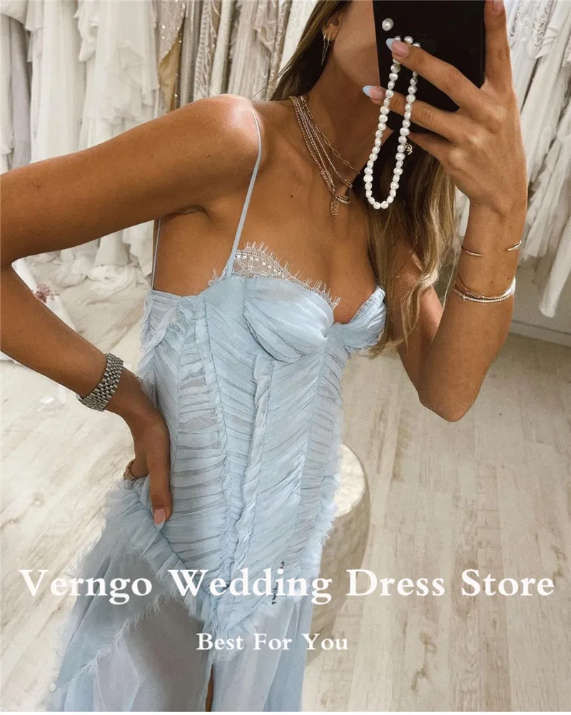 Verngo Dusty Blue Chiffon Long Prom Dresses Spaghetti Straps Pleats Sweetheart Side Slit Evening Gowns Sexy Formal Party Dress