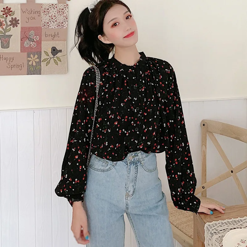 Women\'s Floral Printing O Neck Shirt Single Breasted Loose Leisure Long Sleeve Chiffon Blouse