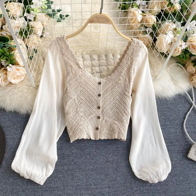 

French retro knitted tops women's round neck puff sleeve front buttons open back sweet long-sleeved tops shirt