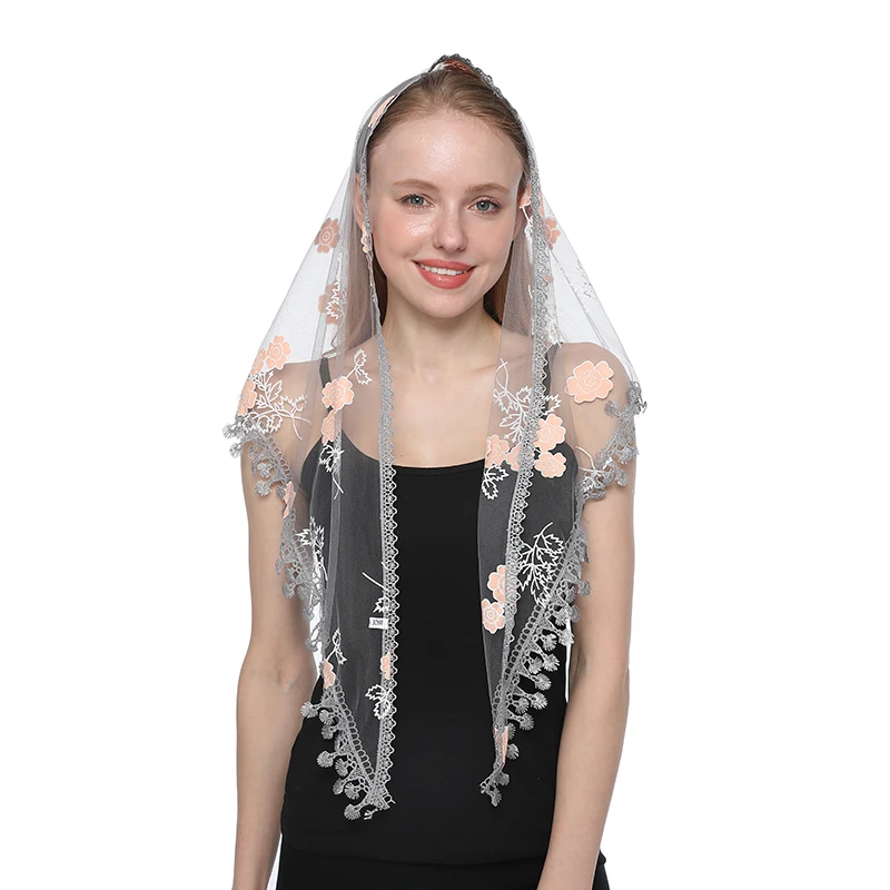 Flower Women Scarf for Church Triangle Lace Shawl Veils for the Church's Embroidered Spanish Mantilla Lace Transparent Shawl