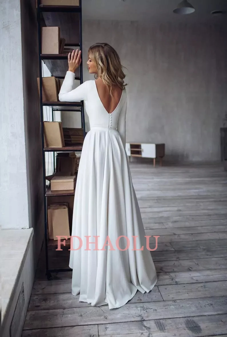 FDHAOLU FU157 White Long Sleeve Soft Satin Wedding Dresses 2023 Open Back High/Low Beach Boho Bride Gowns A-line Party Dress