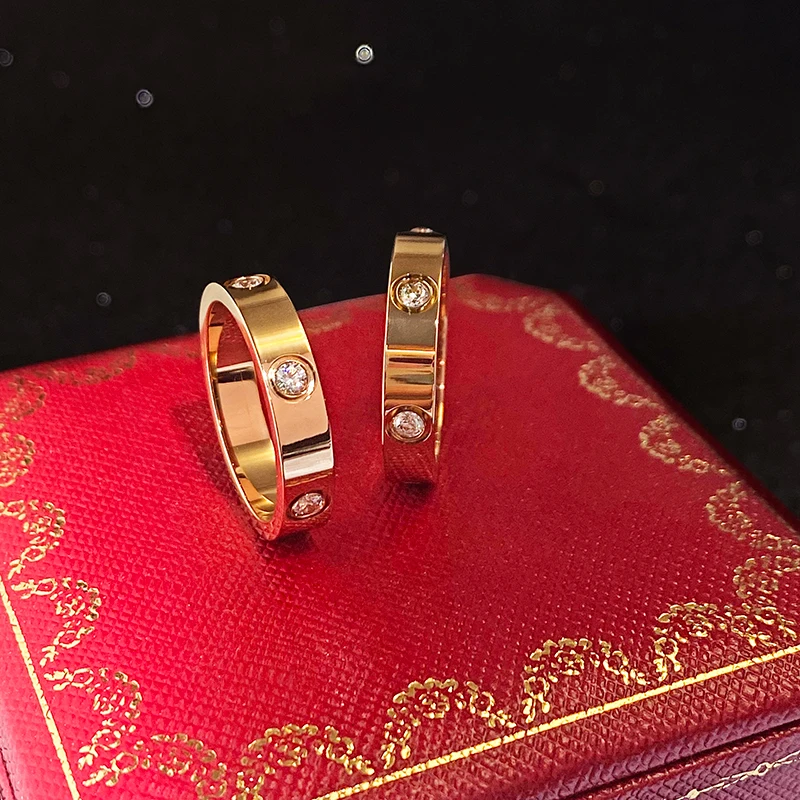 2024 Six Zirconia Rose Golden Couple Ring Trendy Fashion Wholesale Jewelry Index Titanium Steel Finger Jewelry Not Change Color