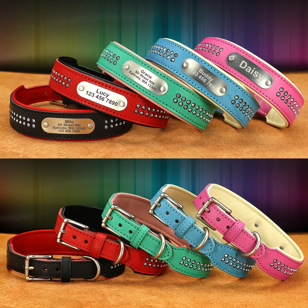 Personalized Real Leather Dog Collar Crystal Rhinestone Soft Collars Necklace Customized ID Name For Small Medium Large Dogs Pug