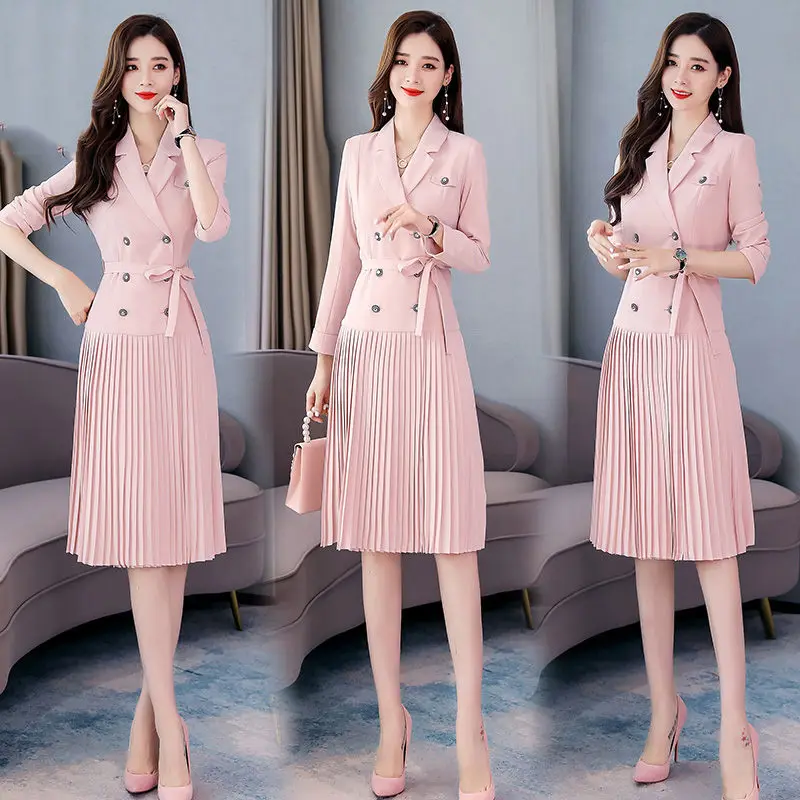 Notched Spring Autumn Professional Suit Pleated Dress Female New Fashion Blazer Dress Office Ladies Pink / Black Workwear K1093