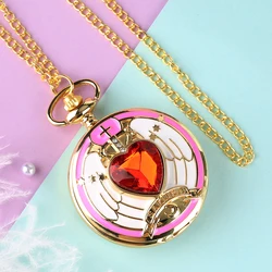 Golden Pocket Watch Stylish Red Heart Pattern Pocket Watches Necklace Chain Pattern Clock Women Gifts Dropshipping