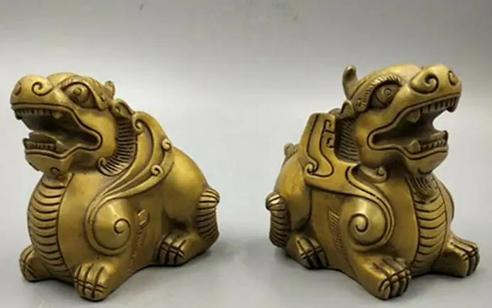 1Pair Chinese Fengshui Bronze Lovable Animal Guardion PIXIU Statue