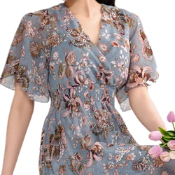 2021 New Floral Women Dress Bohemian Sexy V-Neck A-Line Short Sleeves Chiffon Dresses Summer Vintage Beach Print Long Dress