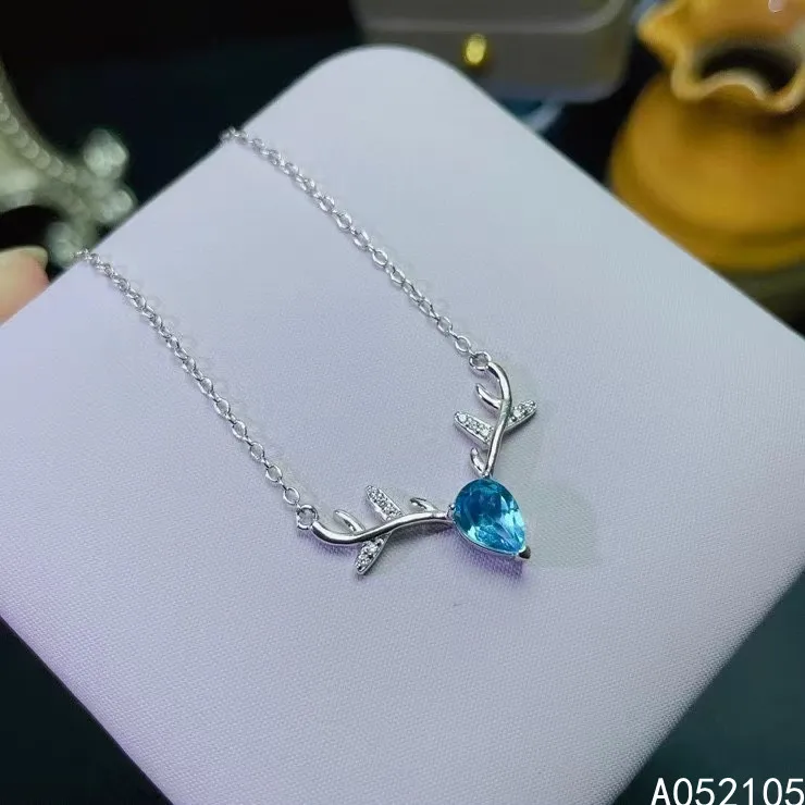 

KJJEAXCMY fine jewelry 925 sterling silver inlaid Natural blue topaz Women fresh popular deer gem pendant necklace chain support