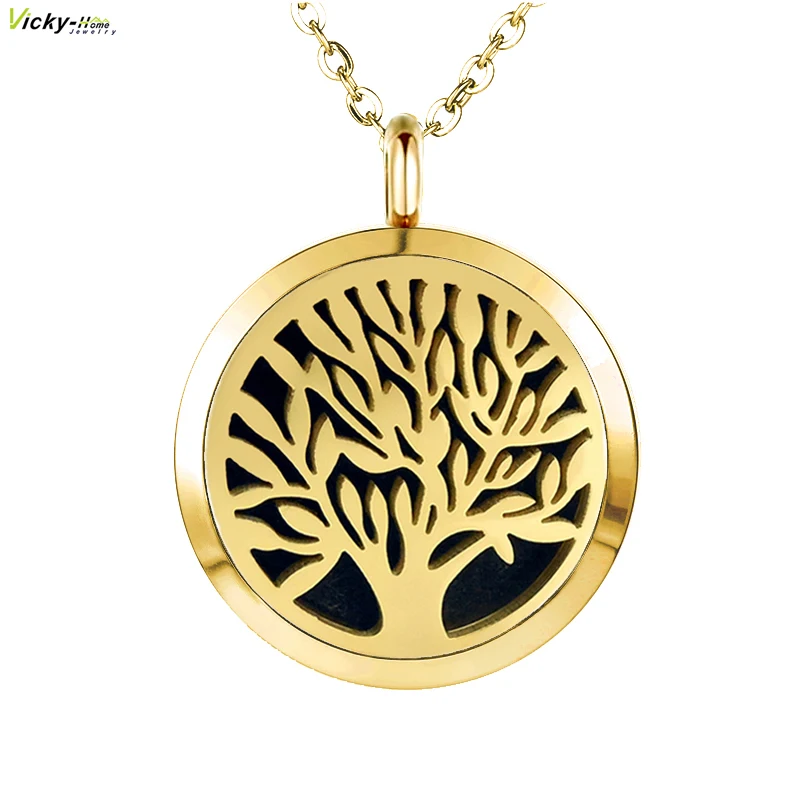 With Free Stee Chain Tree of Life Aromatherapy Essential Oils Stainless Steel Perfume Diffuser Locket Necklace