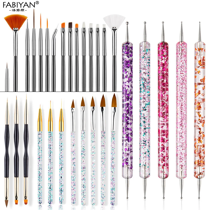 8/20Pcs Nail Art Brush Design Tip Painting Drawing Carving Dotting Pen FlatFan Liner Acrylic Gel UV Polish Tool Manicure