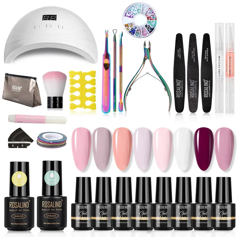 

ROSALIND Manicure Nail Set UV LED Lamp Gel Nail Polish Semi Permanent Gel Varnishes Hybrid Lacquer Top Base For Nail Set 7ml Art