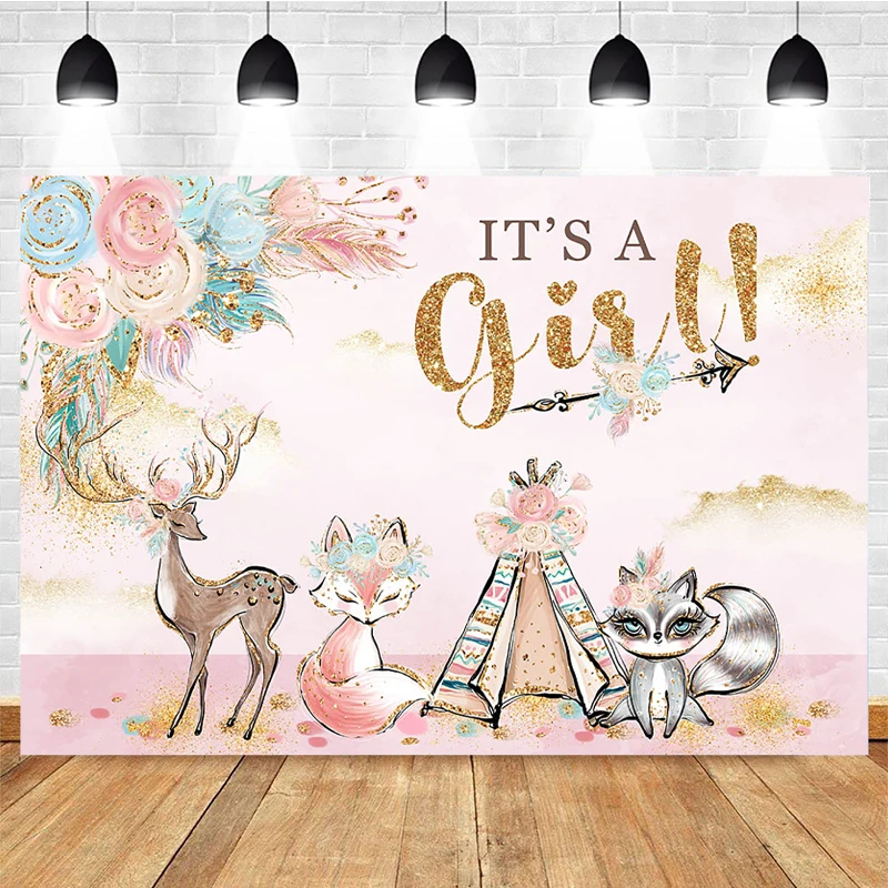 Mocsicka Baby Shower Photography Background Fox Elk Tent Decoration Props Girl Child Portrait Photo Backdrop Banner