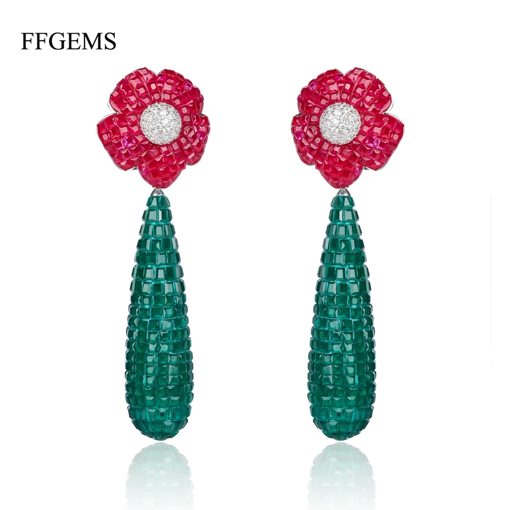 FFGems New Design 925 Silver Drop Big Earring Flower Created Nano Ruby Emerald Invisible Fine Jewelry Women Wedding Party Gift