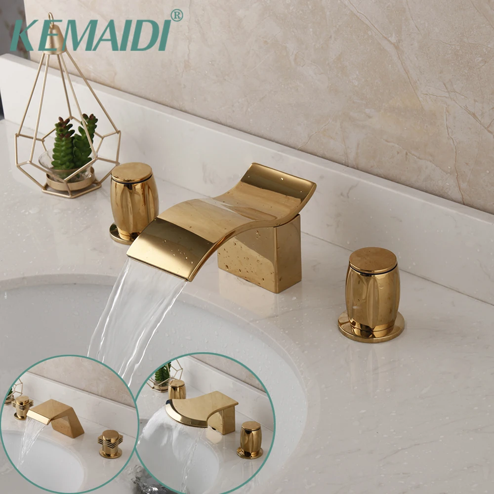 

KEMAIDI Solid Brass Bathroom Sink Wash Basin 2 Handles Waterfall Faucet Golden Plated Bathtub Mixer Tap Faucet Deck Mounted