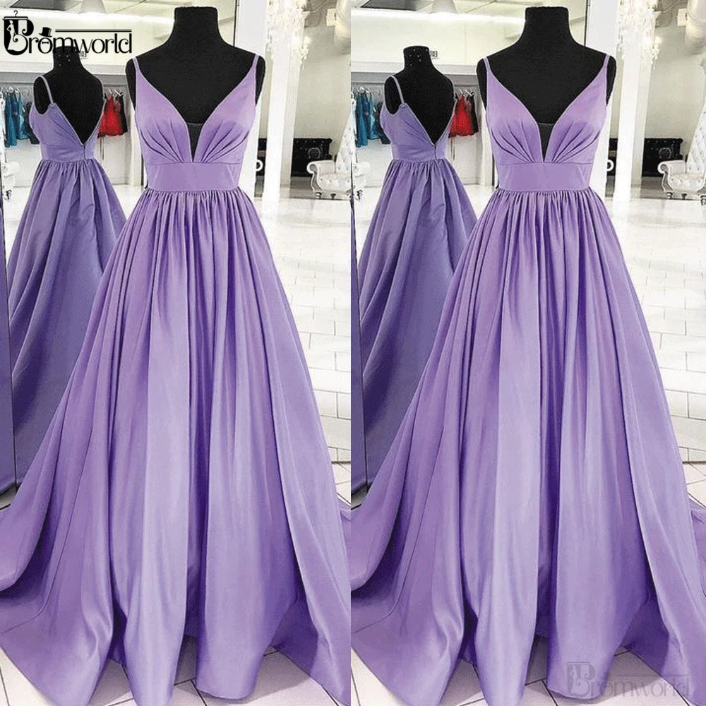 Purple  Sleeveless Satin Deep V Neck Prom Gown 2022 Vestido De Festa De Longo  Elegant Cheap Simple Prom Dresses Long