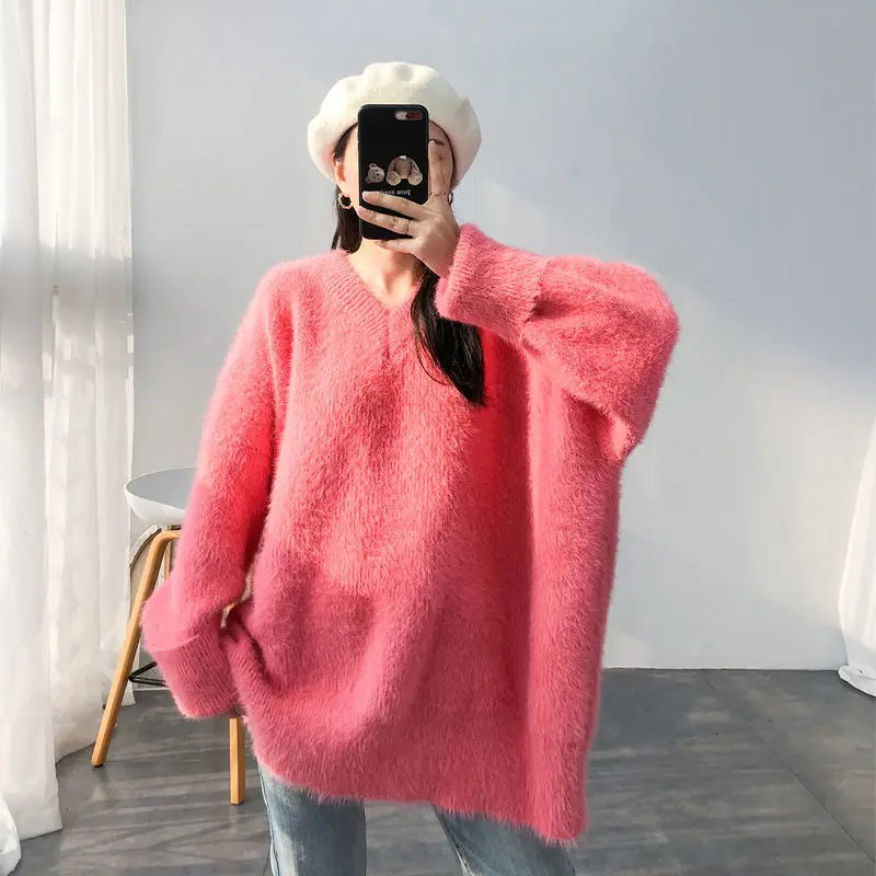 Oversized Gray Knitting Sweater Loose Fit Round Neck Long Sleeve Women Pullovers New Fashion Autumn Winter 2021