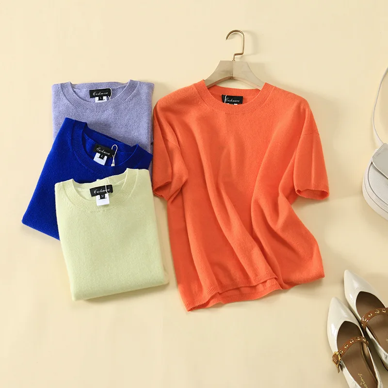 

100% cashmere loose sweater women spring fashion crew neck soft jumper short sleeve knitted tops