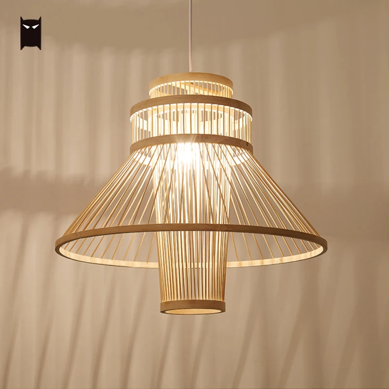 Bamboo Wicker Rattan Rotation Dancer Pendant Light Fixture Country Zen Hanging Ceiling Lamp Bar Villa Staircase House Project