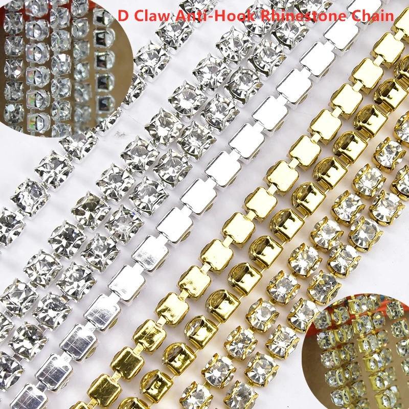 10 Meters 2-6Mm Rhinestone Chain D Claw Anti-Hook Silver/Gold Base Glass Crystal Diamond Strass Trim Diy Cloth Sew Accessories