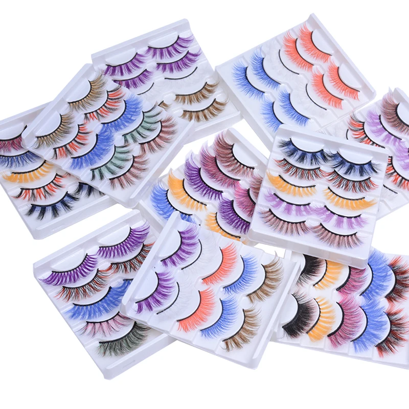 OKAYLASH 5 pairs Color False Eyelashes Set Mixed Pink Red Blue Purple 3D Colored Fake Lashes for Daily Makeup Halloween Cosplay