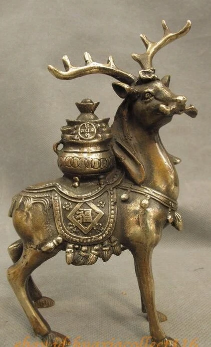 

Chinese Copper Collect Animal Wealth Treasure Bowl On Fu Deer Statue Set