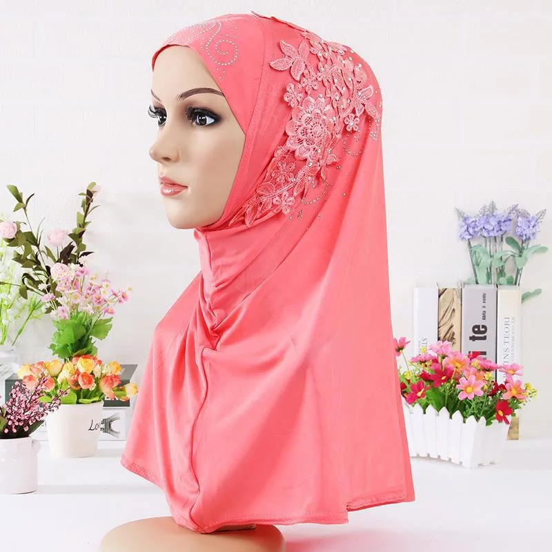 Hijab musulmán con encaje y piedras para niñas, bufanda islámica, chal, pañuelo para la cabeza, sombrero, envoltura para tirar, regalo de Ramadán