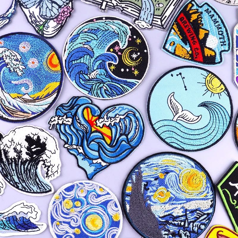 Wave Stripes Patch For Clothing Thermoadhesive Patches Van Gogh  Iron On Patches On Clothes Whale Stickers Diy Mountain Badges