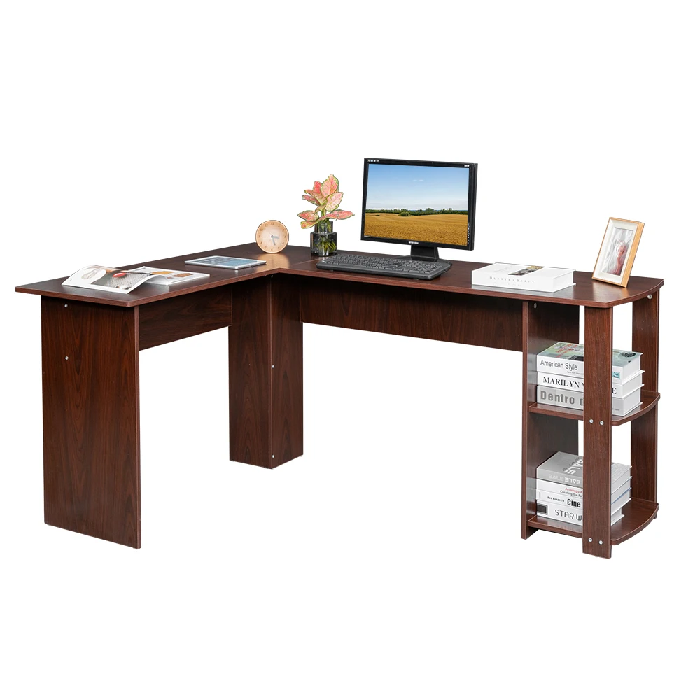 L-Shaped Desktop Wood Right-Angle Computer Desk PC Laptop Study Table Workstation with 2-Layer Bookshelves for Home Office[US-W]