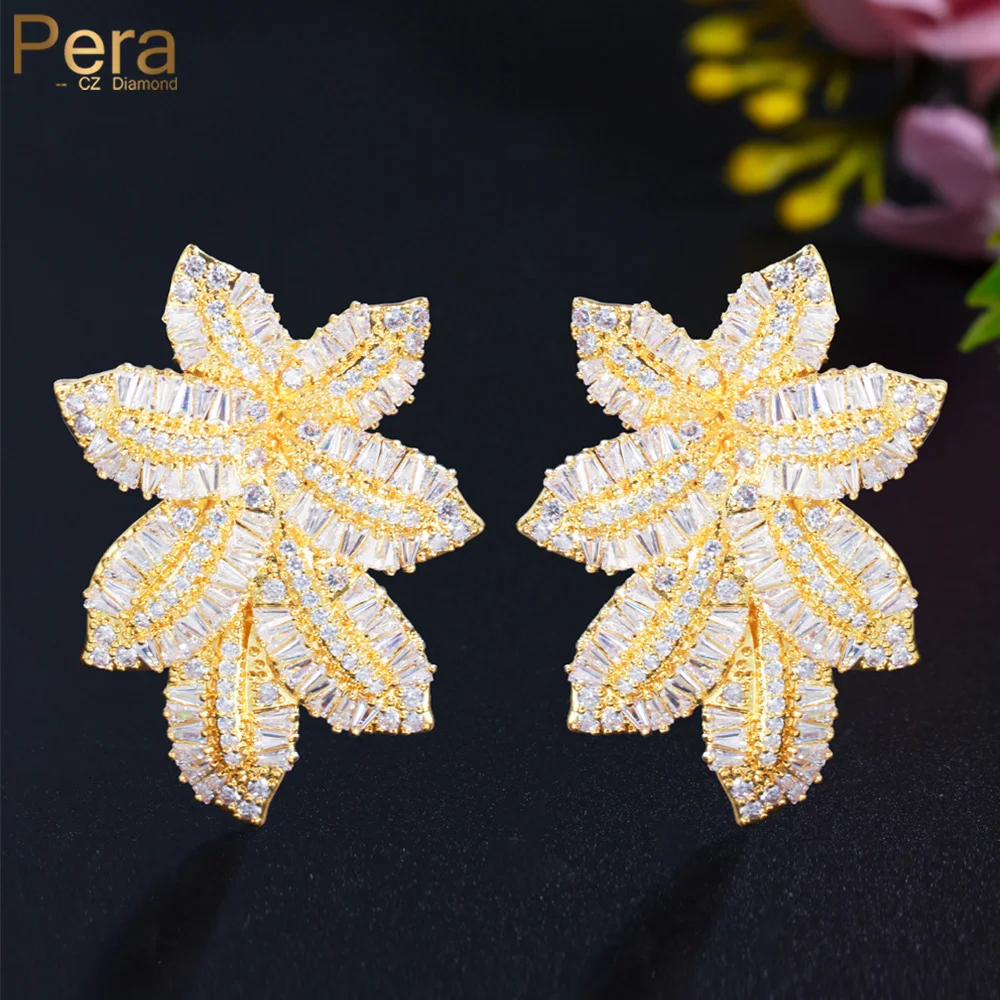 Pera Precious Yellow Gold Color Big Leaf Design Drop CZ Zircon Luxury Banquet Jewelry Long Dangle Earrings for Women Party E864