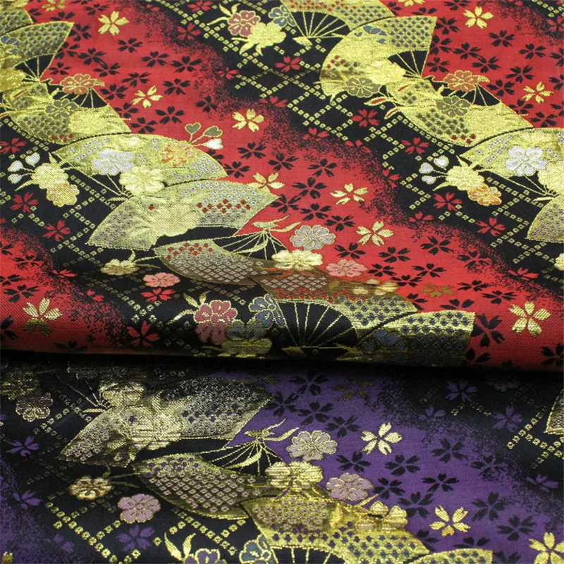 Silky Jacquard Fabric for Kimono, Japanese Style Clothing, DIY Sewing Fabric, Purple, Red, Black, Golden, Metallic Brocade, CF70