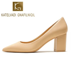 KATELVADI Shoes Woman Pumps 6.5CM High Heels Pointed Toe Split Leather Beige Shoes Square Heels Women Shoes HZL006