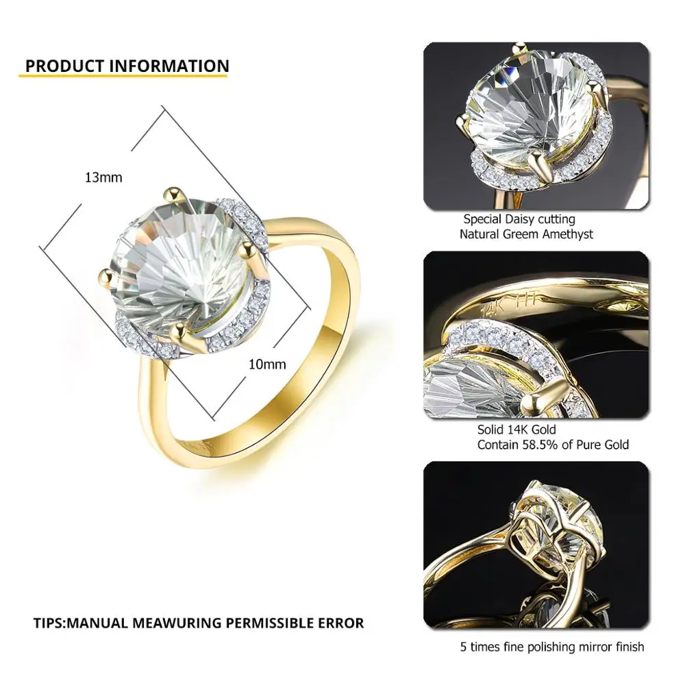 LP 3.76CT Natural Green Amethyst Quatrz Diamond Real Diamond Ring For Women Solid 14K Yellow Gold Fine Gemstone Jewelry