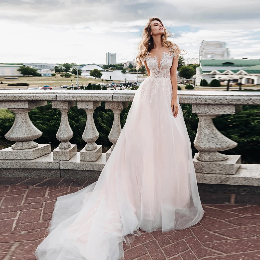 

Beautiful A-Line Tulle Wedding Dress Illusion Neck and Back Appliques Vestios De Novia Bridal Gowns 2020