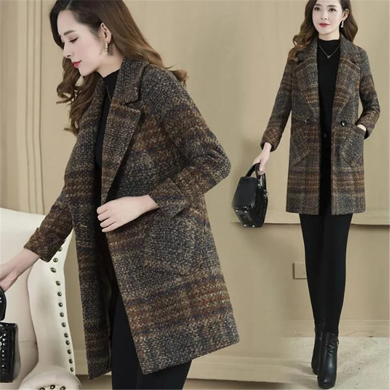 Vintage Woolen Coats Korean Warm Slim Outwear Double Breasted Turn-down Collar Middle length Jacket Overcoat Female Trench Coat