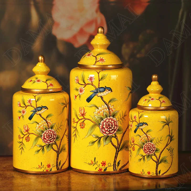 

Farmhouse Style Ceramic Storage Jar Painted Jewelry Organizer Flowers and Birds Cosmetic Container Home Decoration Ornaments