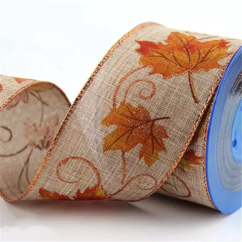 63mm X 25yards Decorative Cotton Burlap Wired Ribbon with Orange Fall Leaves for Craft,DIY Crafting,Wreath Making,Bows N2284