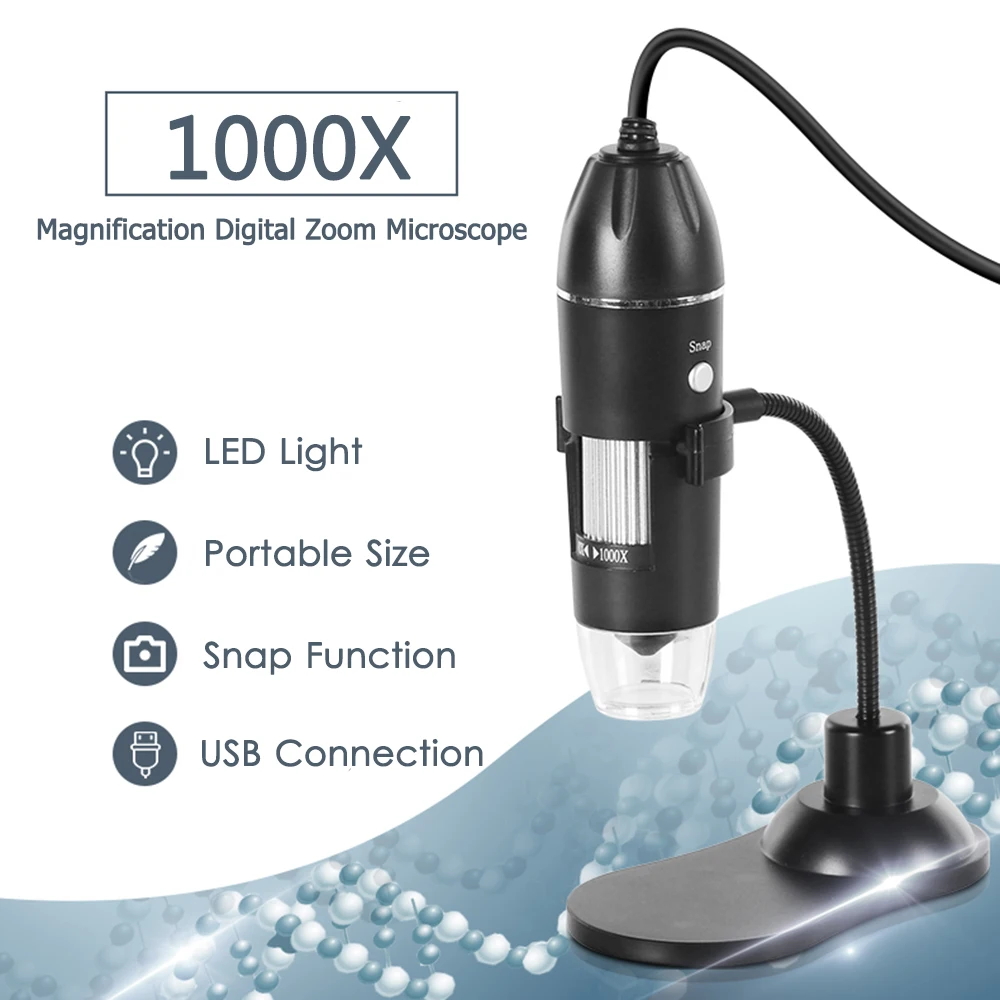Microscopio Digital con USB, Lupa Electrónica, cámara endoscópica estéreo de 0,3 MP y 8 LED, 1600X, 1000X
