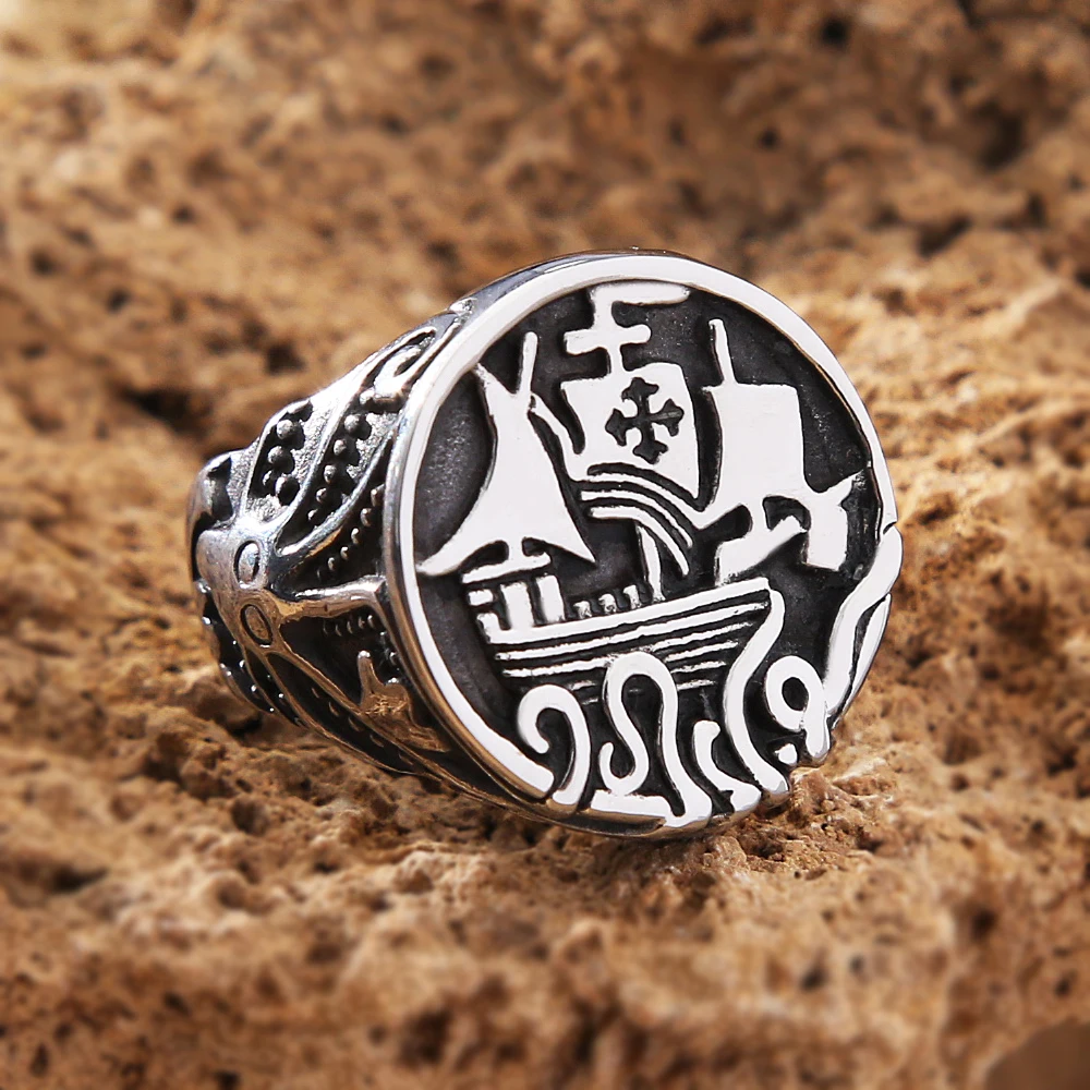 Vintage Stainless Steel Viking Pirate Ship Ring For Men Gothic Octopus Tentacle Stamp Ring Nordic Amulet Jewelry Gift Wholesale