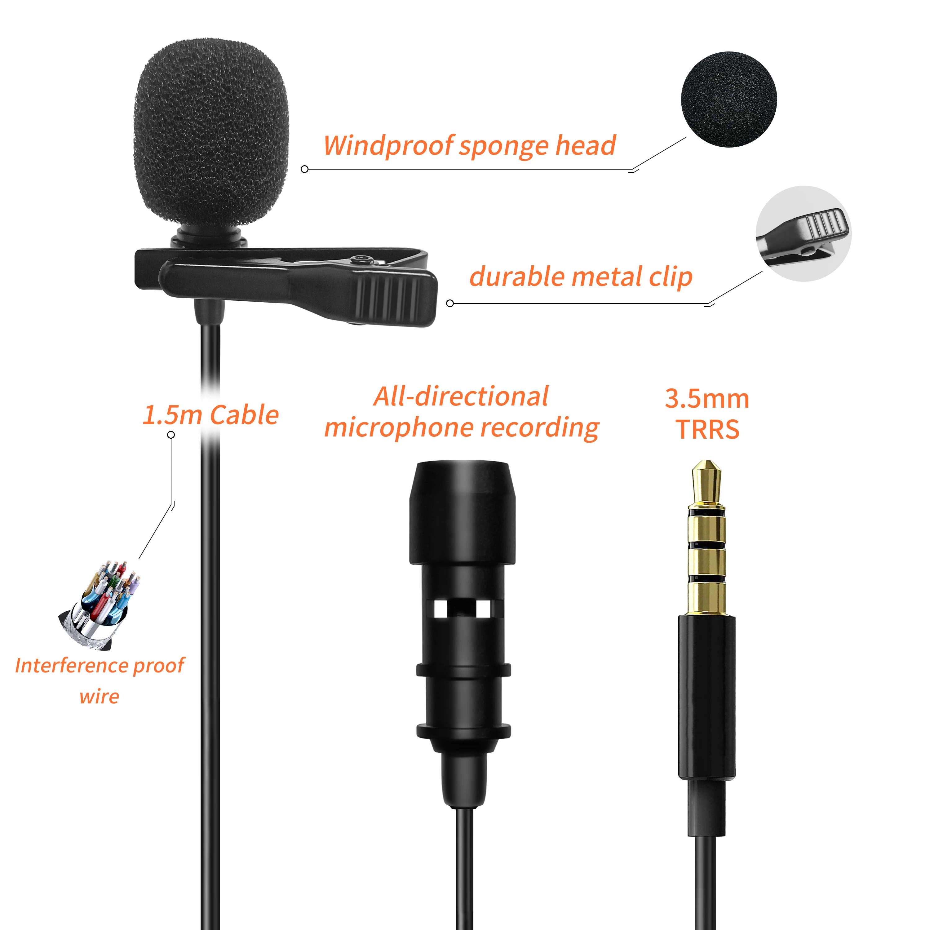 Mini Lavalier Microphone Clip-on Recording Microfono for Lightning Type C 3.5mm, iPhone,Laptop, PC and Mac,Cameras,Android