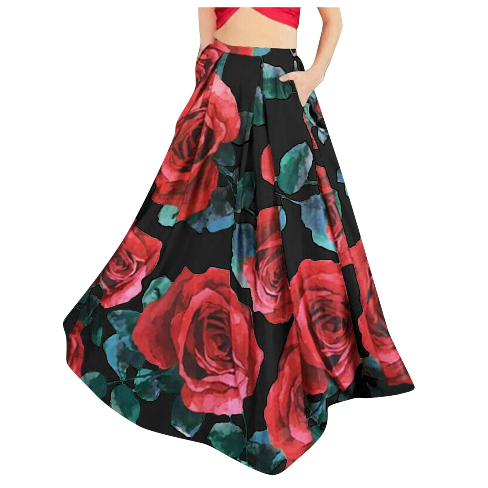 Maxi saia boêmia estampada em flor feminina, cintura alta, saia longa, casual, solta, festa na praia, botões, tamanhos grandes, moda, 2021