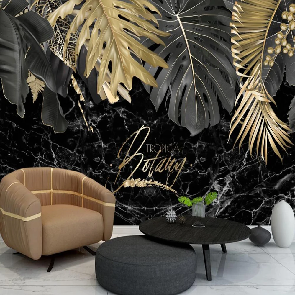 

Custom large 3D wallpaper mural modern light luxury black gold leaf plant bedroom background wall decoration painting wallpaper