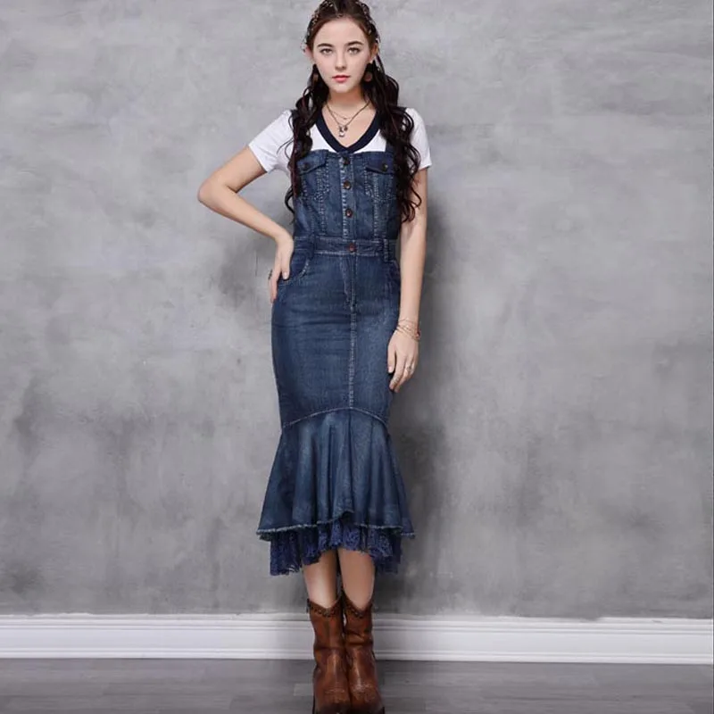 

TIYIHAILEY Women Long Mermaid Style Dresses Mid-calf Spring Summer Denim Lace patchwork Cotton Strap S-L New Vintage Ladies