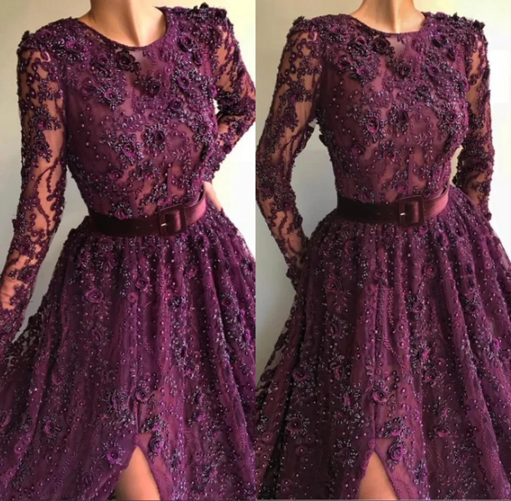 Unique Purple Prom Dresses 3D Handmade Flowers Appliques Beaded With Velvet Belt Open Leg A-line Formal Evening Gowns