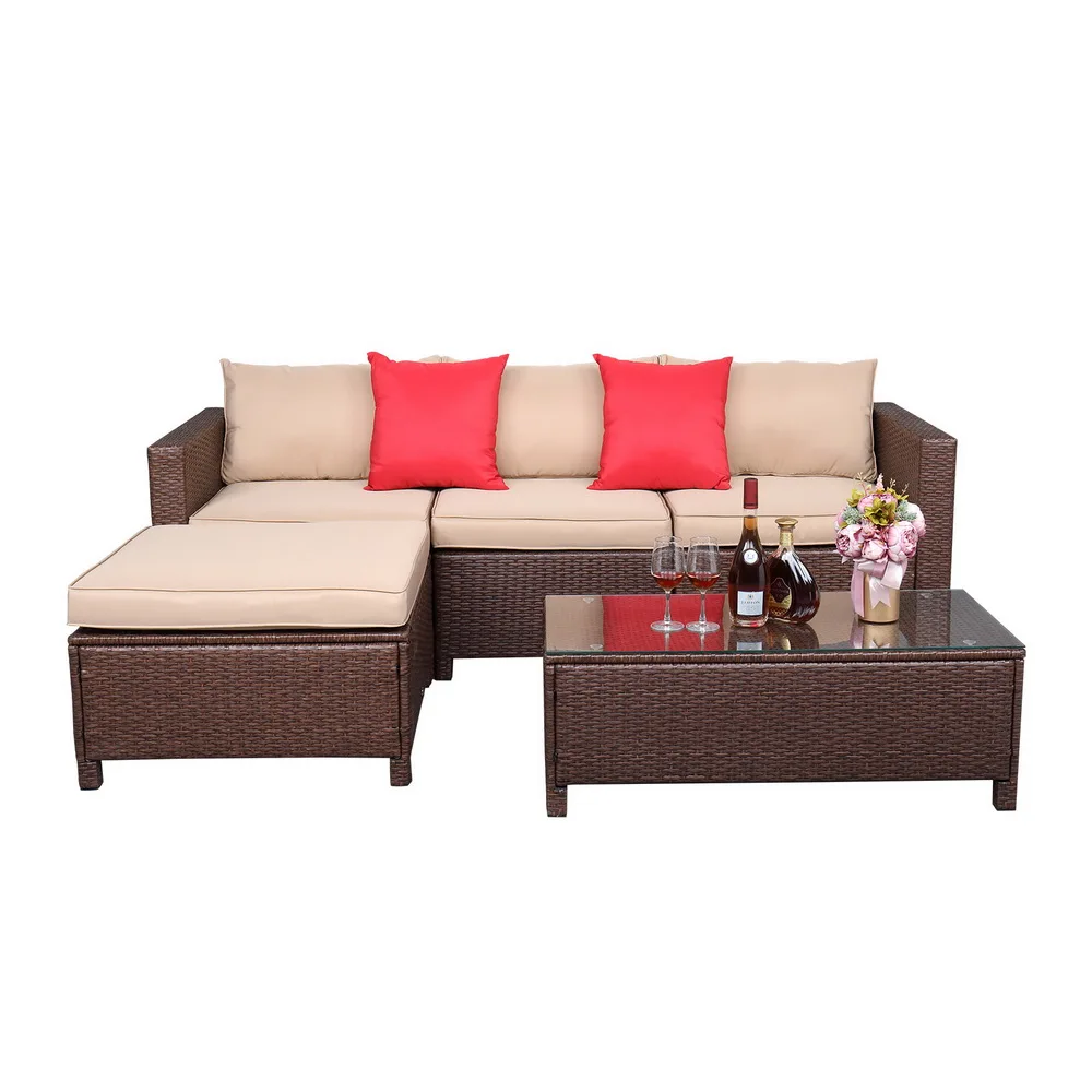 

Patio Furniture 5Pcs Set Rattan Sofa Hanging Legs 2 Corners 1 Sofa Without Armrests 1 Foot Drag 1 Rectangular Coffee Table Brown